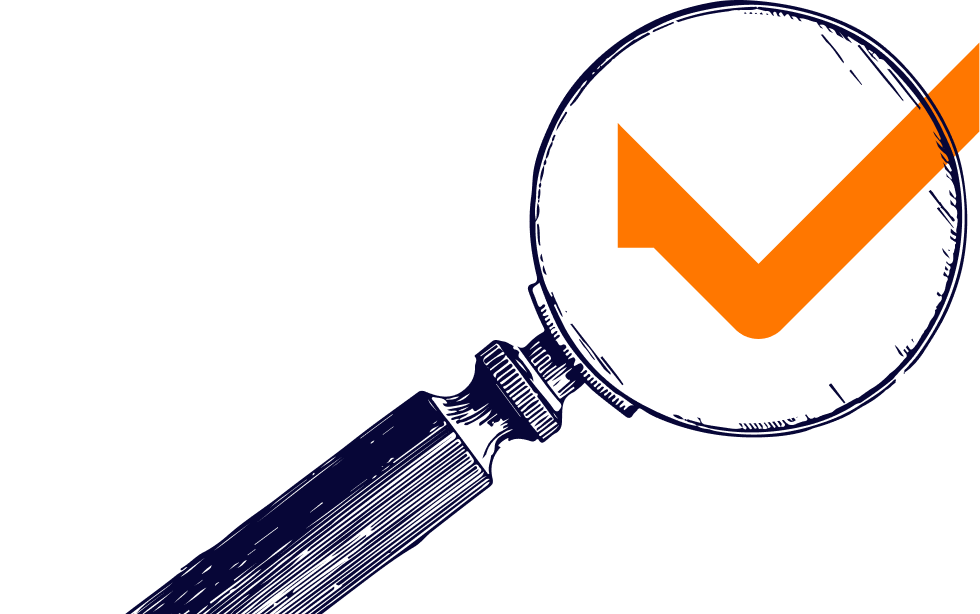 Magnifying Glass: A hand-drawn vintage magnifying glass in dark blue with a large orange checkmark passing through the lens.