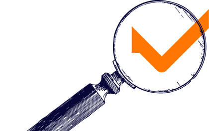 Magnifying Glass: A hand-drawn vintage magnifying glass in dark blue with a large orange checkmark passing through the lens.